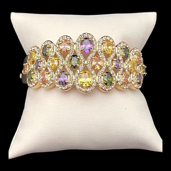 HSN Bracelet Multi Colored Stones Crystals Gold Tone Chunky 8W - Picture 1 of 4